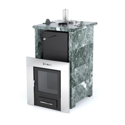 Газовая печь для бани ИзиСтим «Сочи» в трёхстороннем кожухе из змеевика в Урае